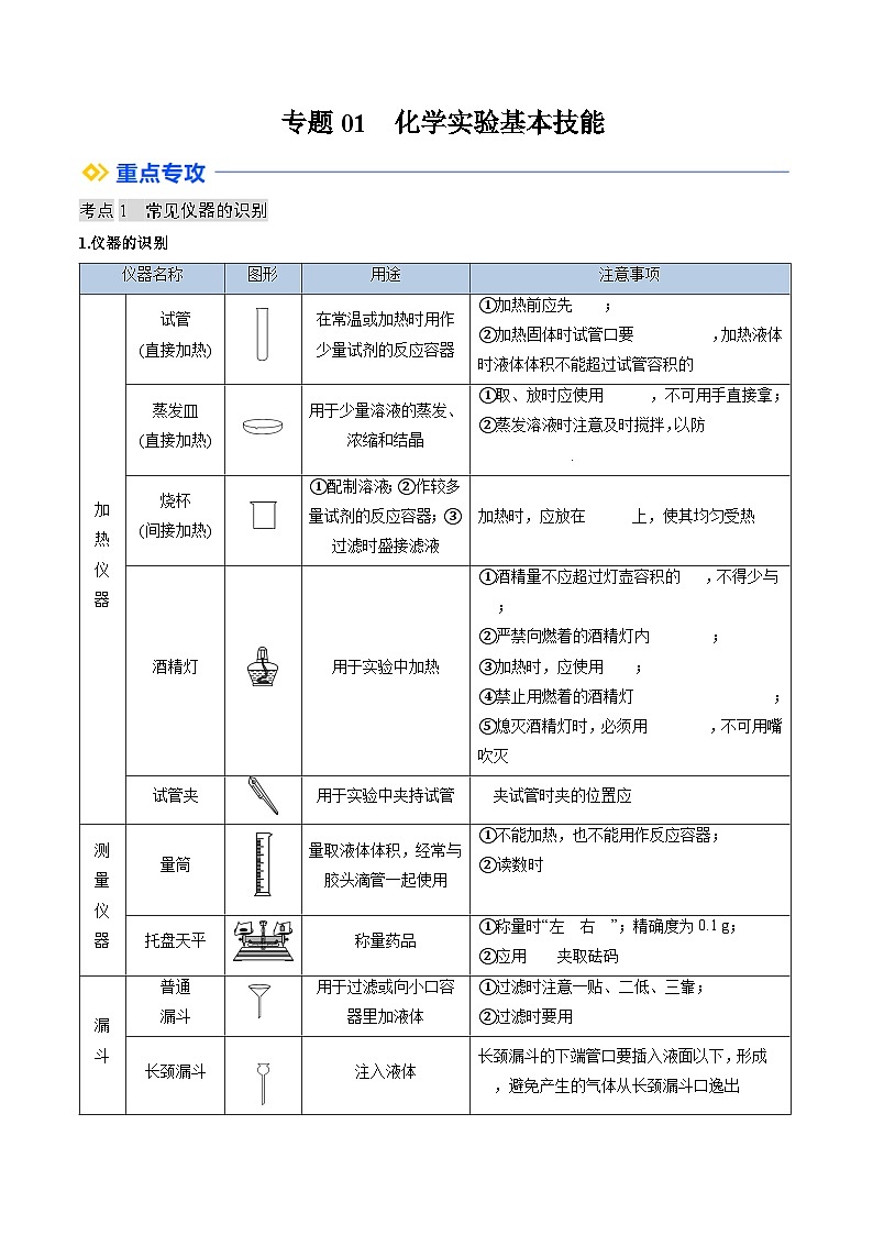 专题01 化学实验基本技能【寒假自学课】2025年九年级化学讲义第1页