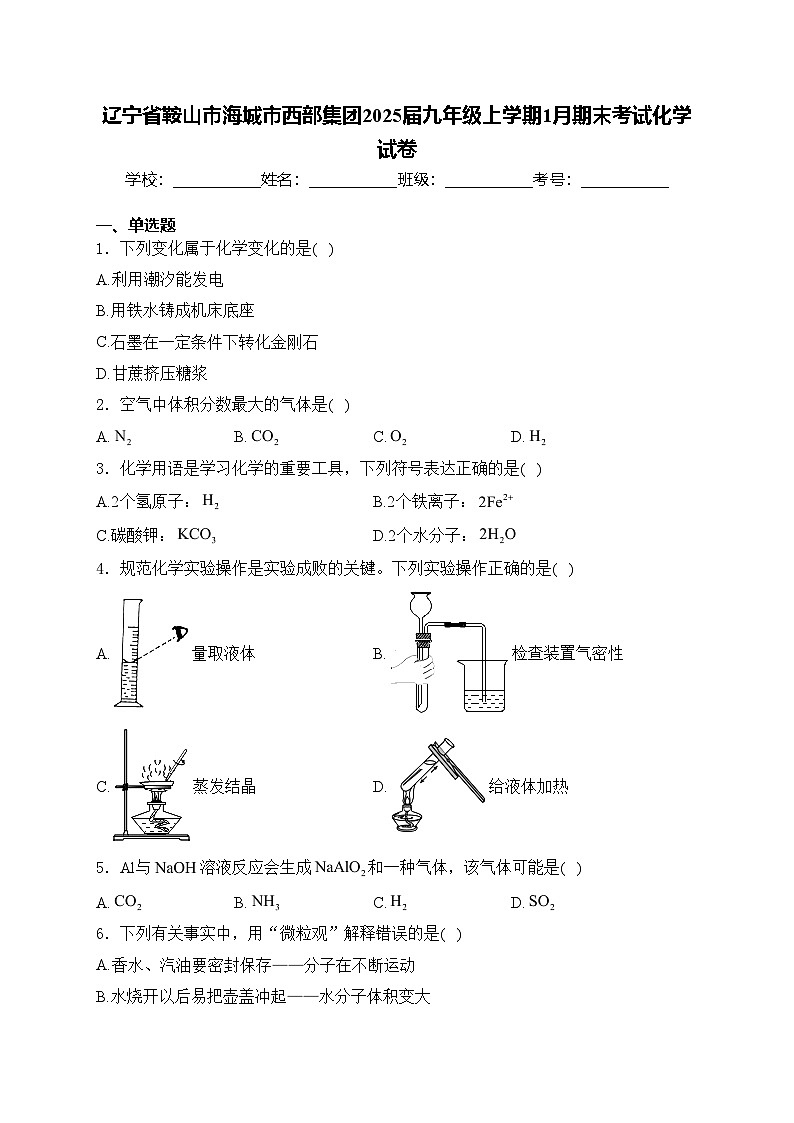 辽宁省鞍山市海城市西部集团2025届九年级上学期1月期末考试化学试卷(含答案)第1页