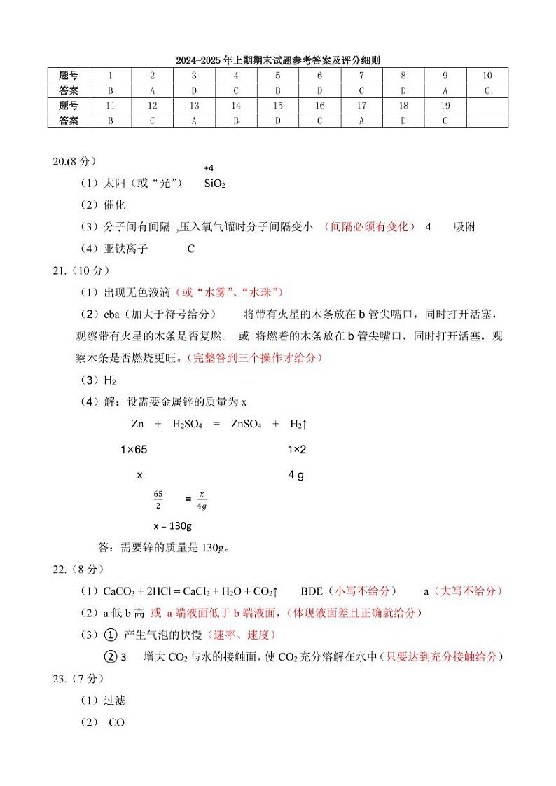 四川省成都市高新区2024-2025学年九年级上学期期末考试 化学试卷（参考答案）第1页