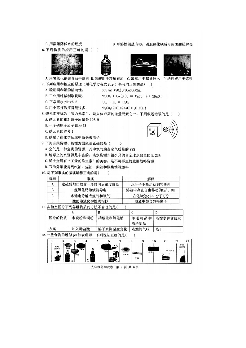 2024~2025学年黑龙江省哈尔滨市呼兰区九年级上学期期末（扫描版）化学试卷第2页