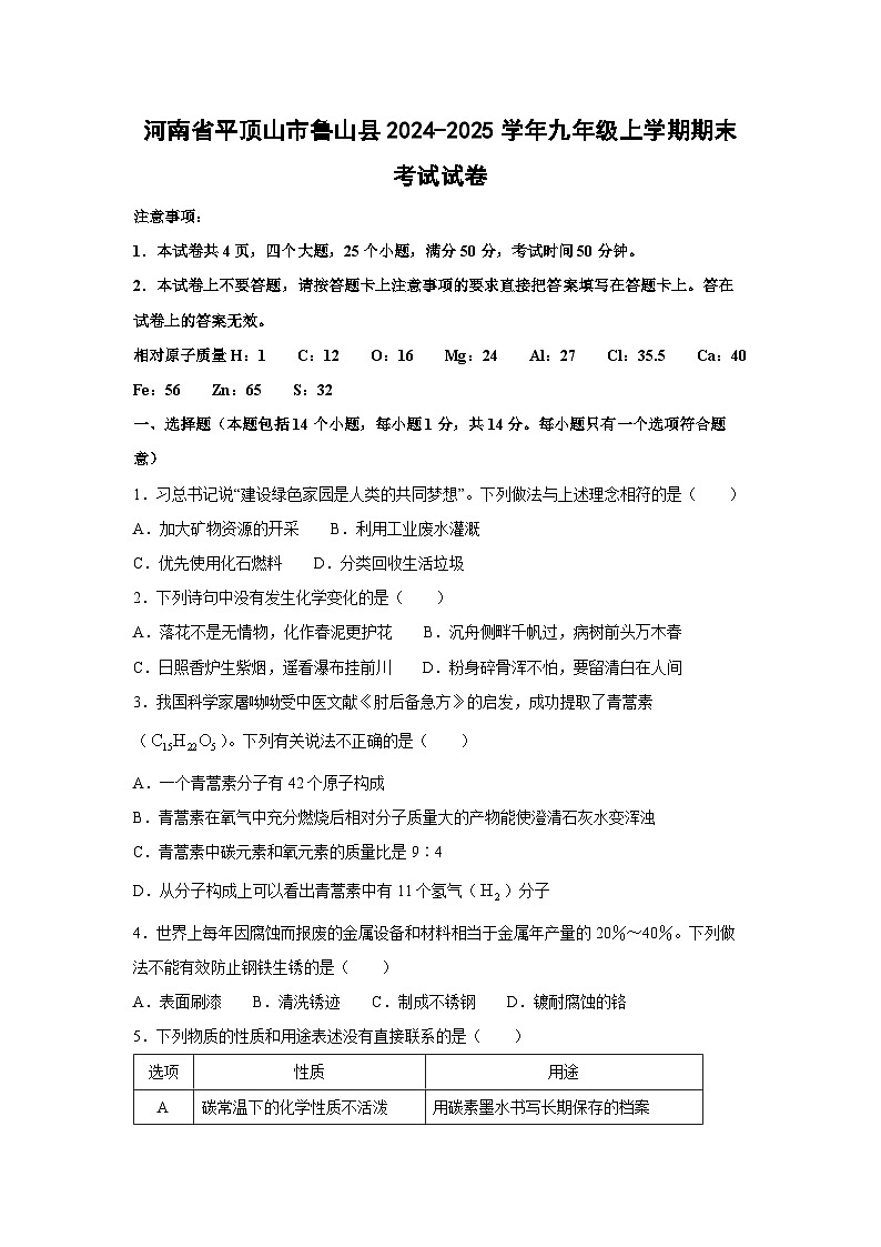 2024~2025学年河南省平顶山市鲁山县九年级上学期期末考试化学试卷第1页