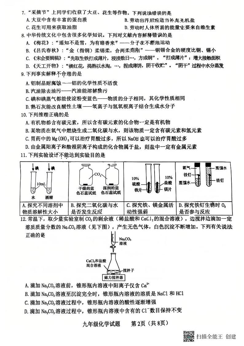 山东省泰安市东平县2024-2025学年九年级上学期1月期末化学试题第2页