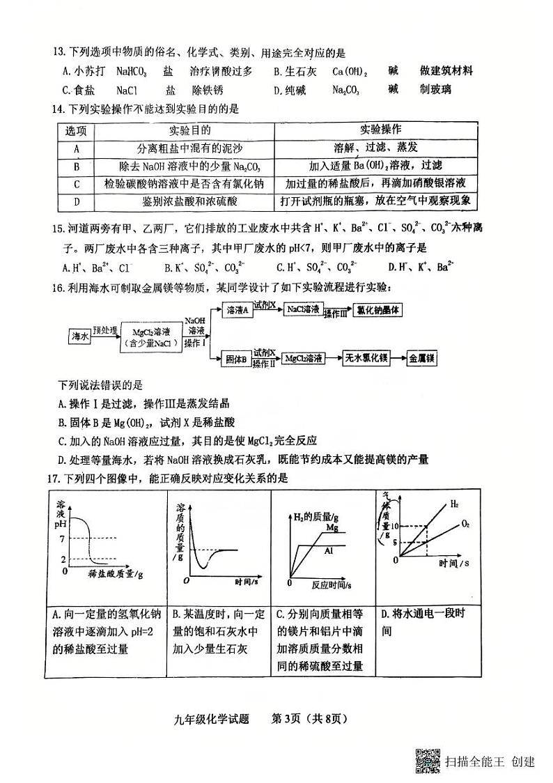 山东省泰安市东平县2024-2025学年九年级上学期1月期末化学试题第3页
