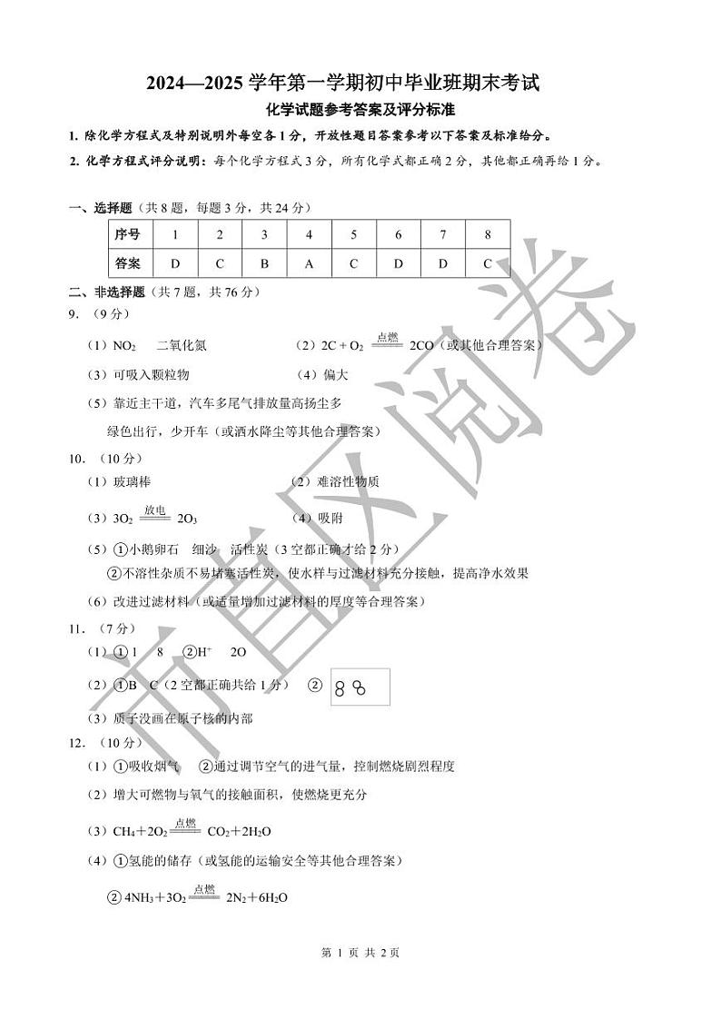 2025.1厦门一检初三化学答案第1页
