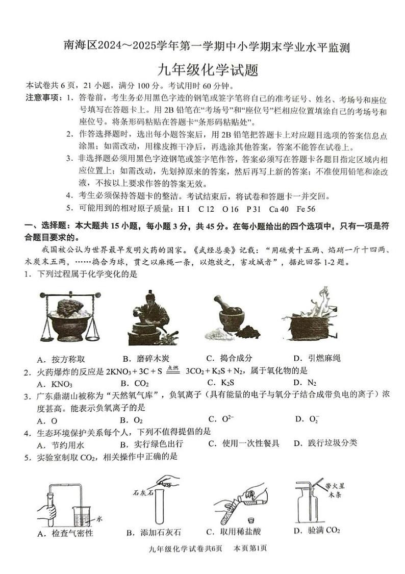 广东省佛山市南海区2024-2025学年九年级上学期期末监测化学试卷第1页