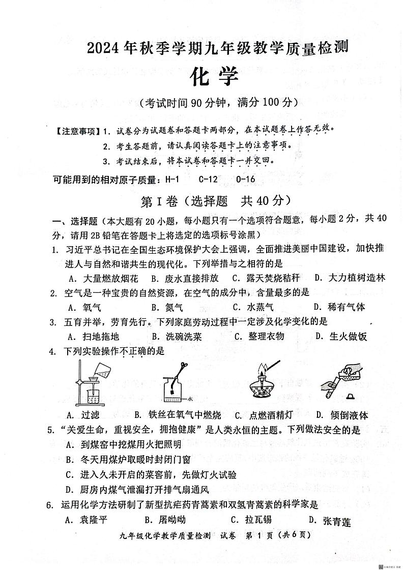 广西防城港市防城区2024-2025学年九年级上学期期末考试化学试题第1页
