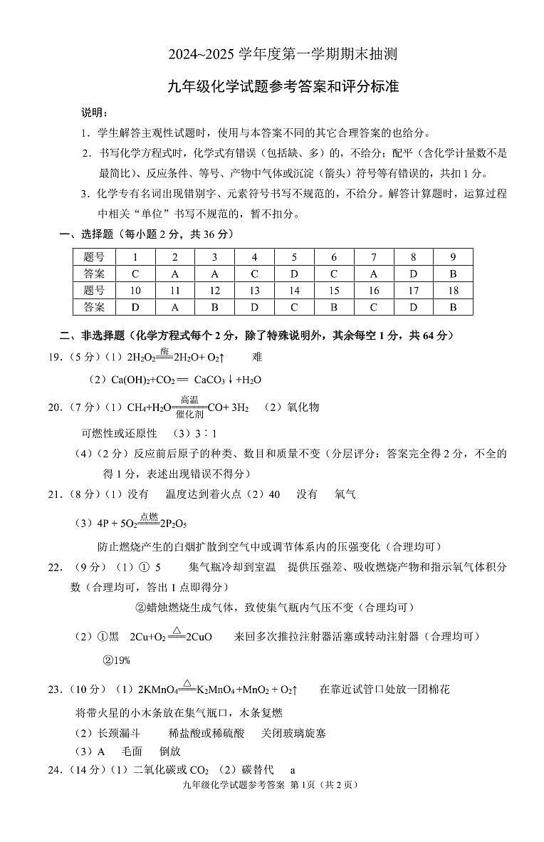 2024-2025年九年级化学期末考试答案第1页