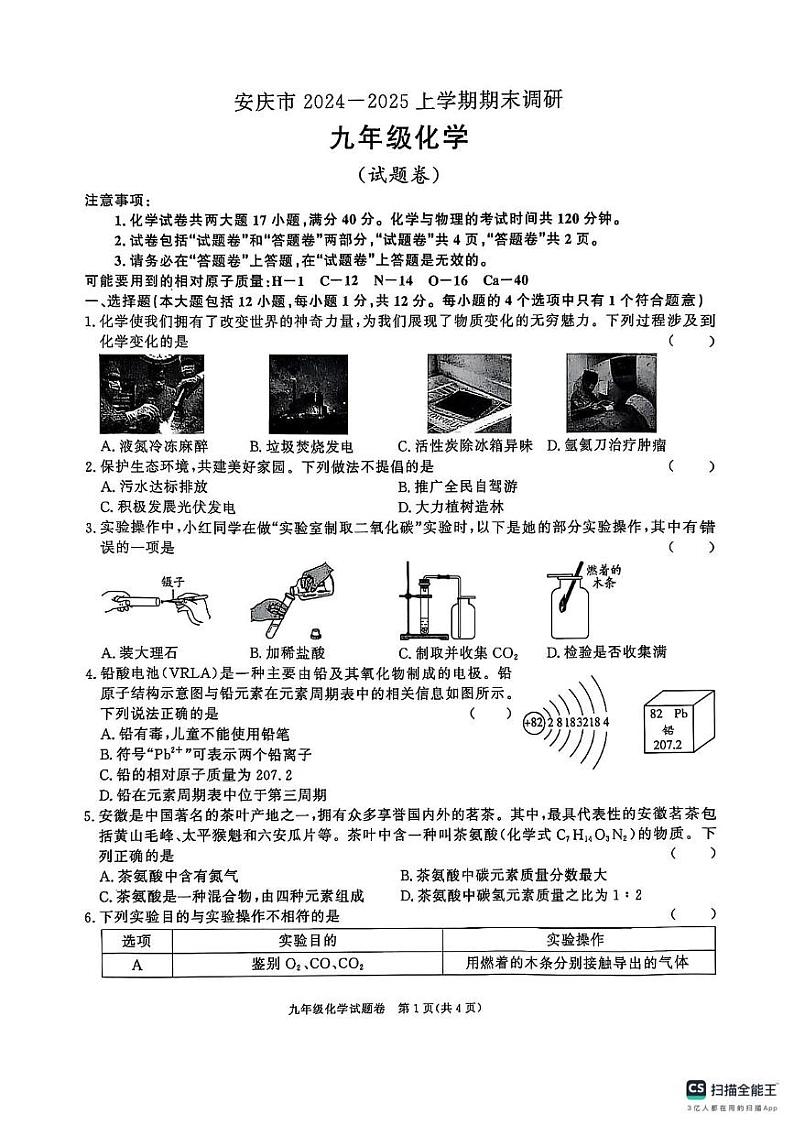 安徽省安庆市2024-2025上学期期末调研九年级化学【人教版】试卷与答案 安徽省安庆市2024-2025上学期期末调研九年级化学【人教版】试卷第1页
