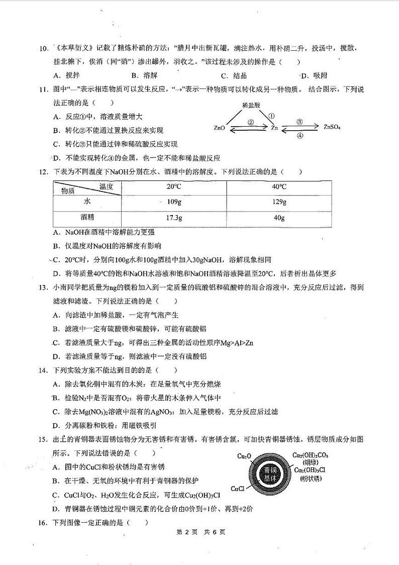 重庆市第一中学2024-2025学年九年级上学期期末考试化学试卷第2页
