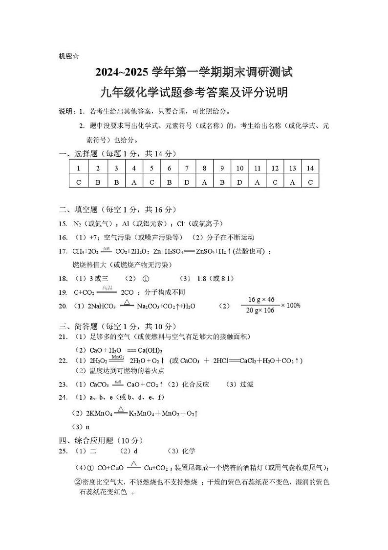 河南省平顶山市2024-2025九年级上学年期末调研化学试题答案定(1)第1页