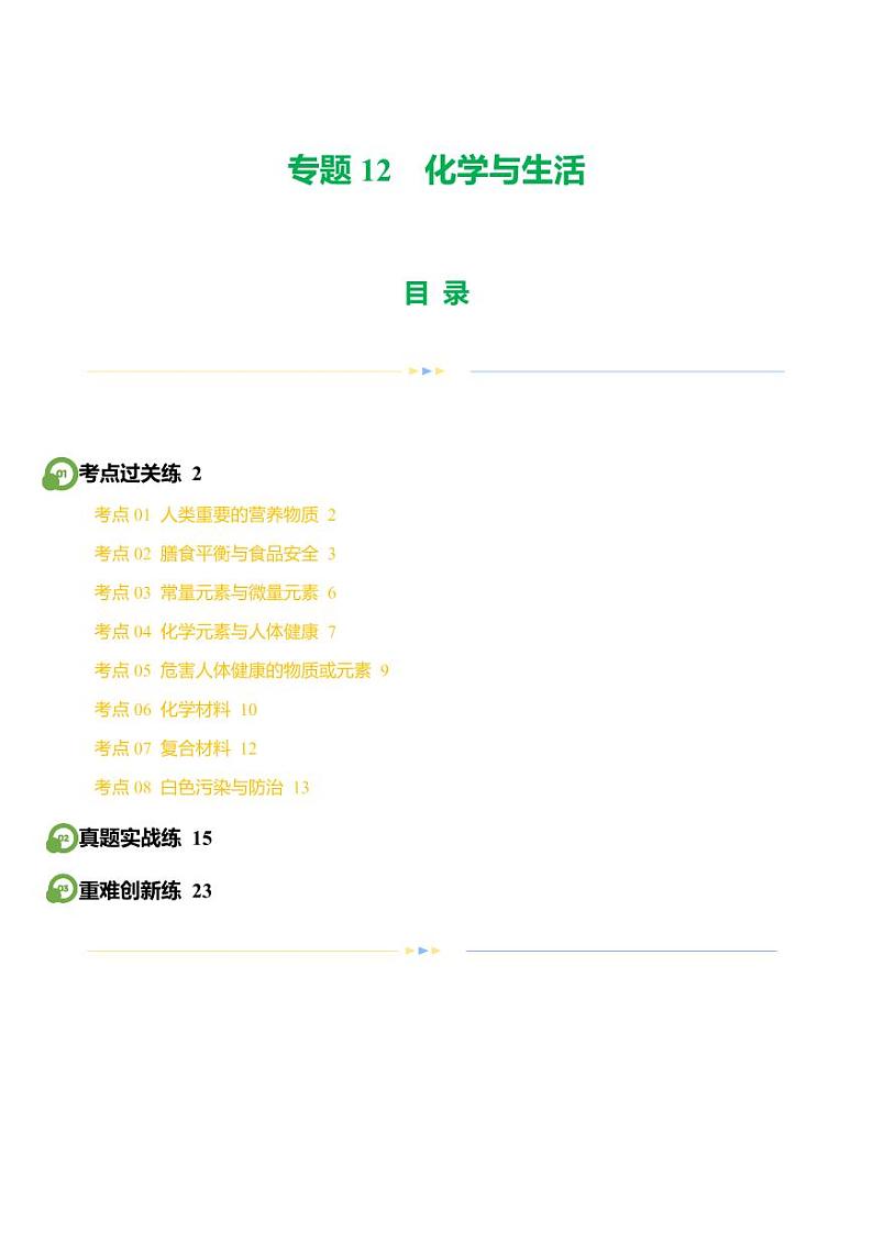 专题12 化学与生活（练习）-2024年中考化学一轮复习讲练测（全国通用）（教师版）第1页