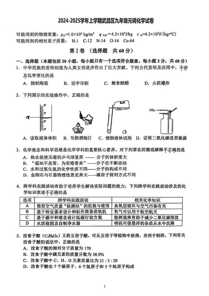 湖北省武汉市武昌区2024-2025学年九年级上学期期末元调考试化学试卷第1页