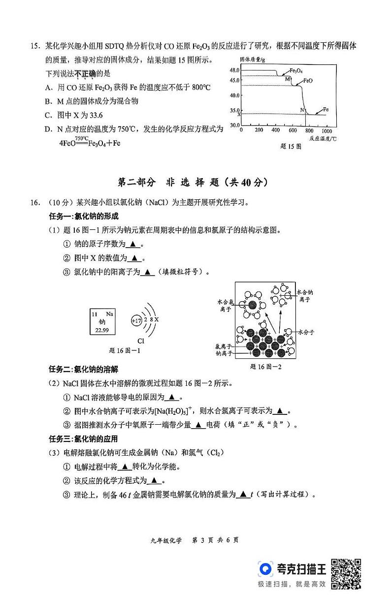 初三化学 2024年秋学期九年级期末学情调查化学试卷第3页