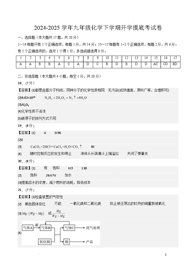 九年级化学开学摸底考01（参考答案）第1页