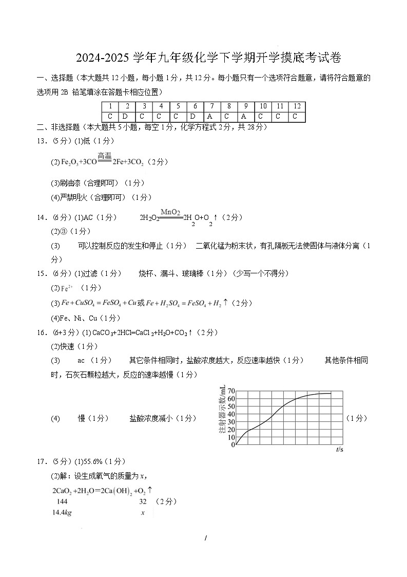 九年级化学开学摸底考（参考答案）第1页