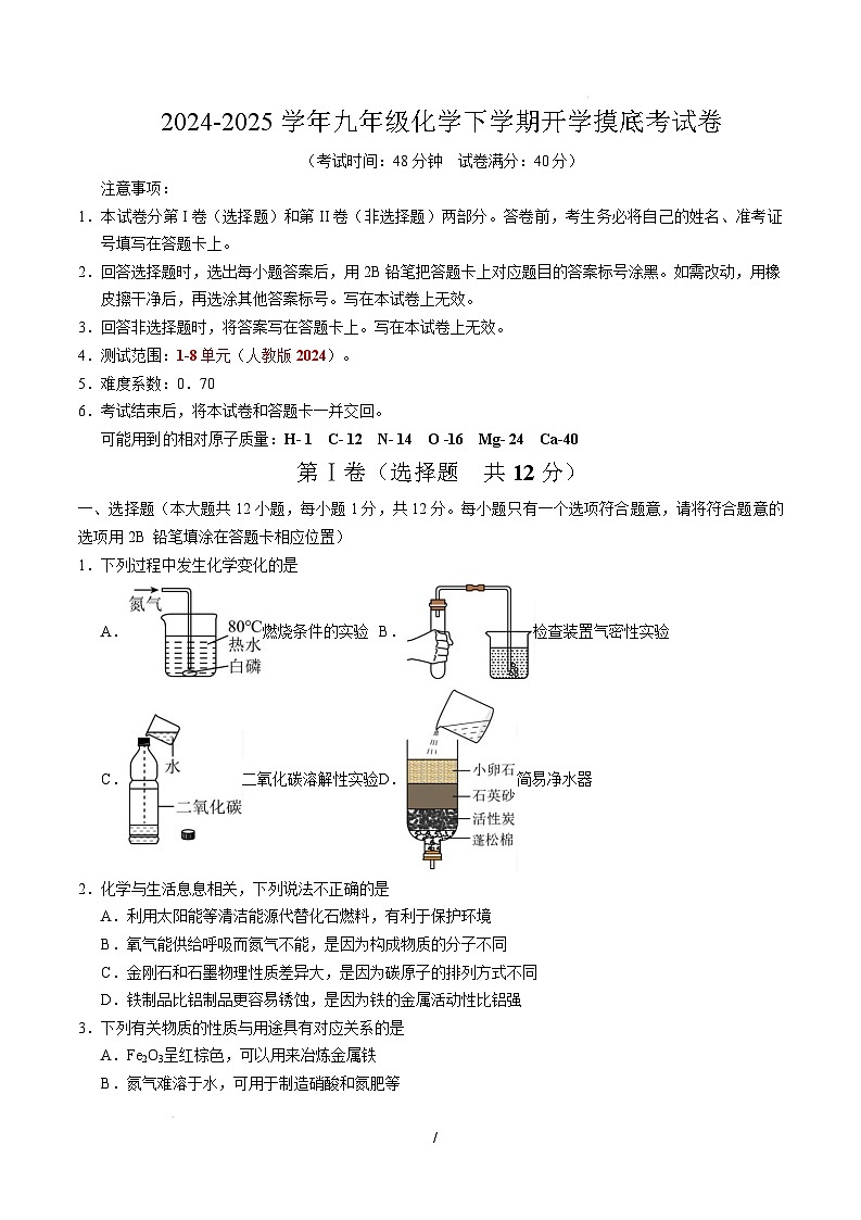 九年级化学开学摸底考（考试版）【测试范围：第1~8单元】（人教版2024）A4版第1页