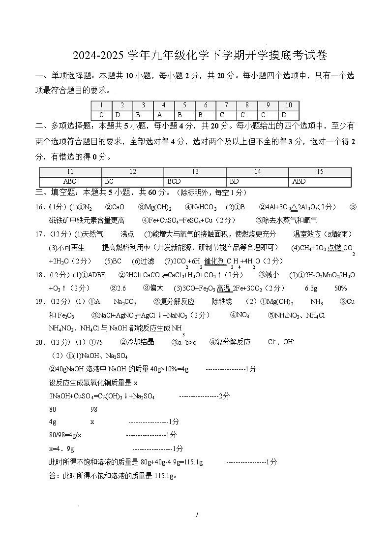 九年级化学开学摸底考（答案及评分标准）（济南专用）第1页