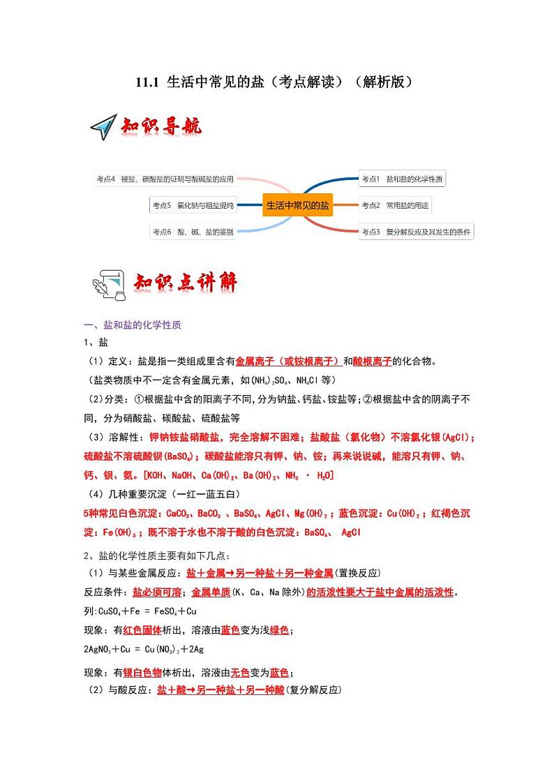 11.1 生活中常见的盐（考点解读）（教师版） 2023-2024学年九年级化学下册同步考点解读与专题训练（人教版）第1页