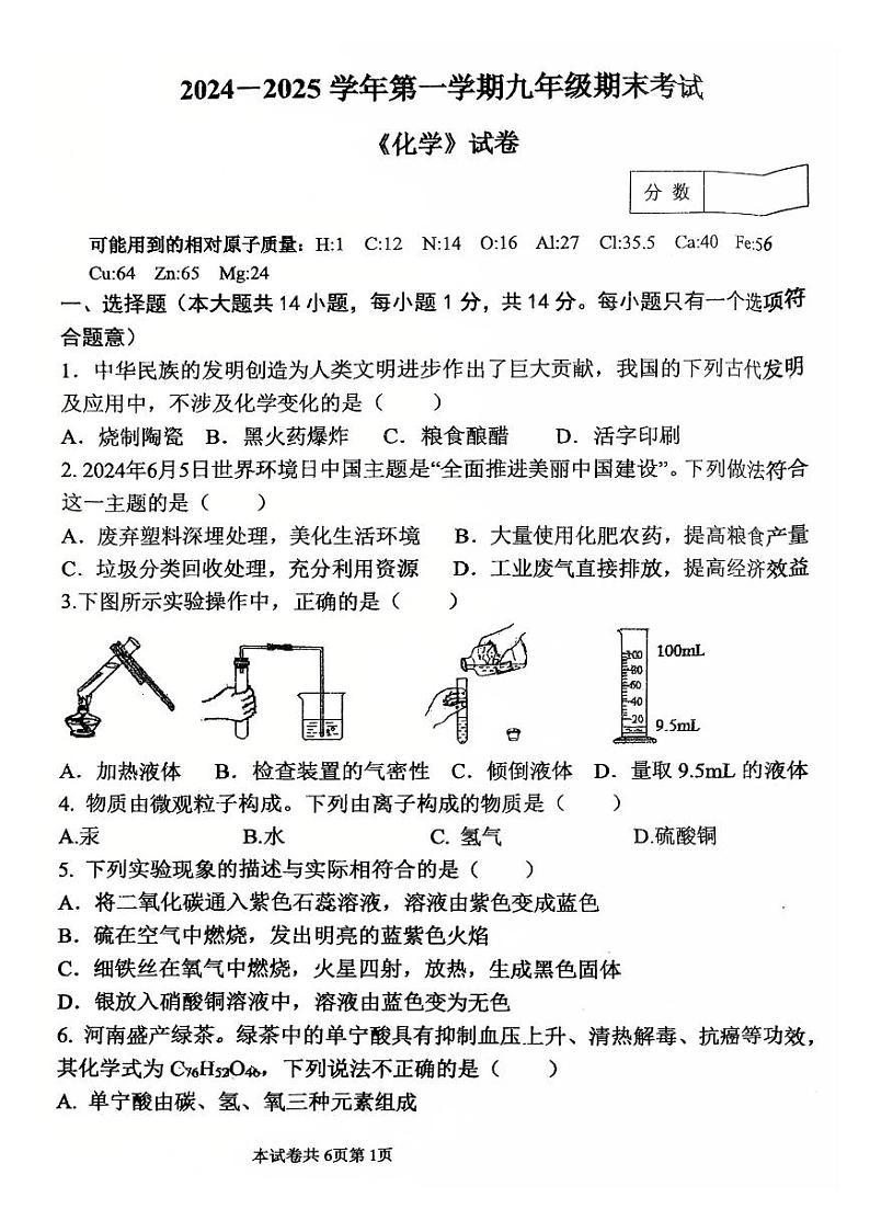 河师大附中2024-2025学年九年级上学期期末化学试题第1页
