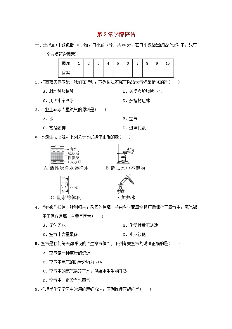 福建省2024九年级化学上册第2章空气与水资源学情评估试卷（附答案沪教版）第1页