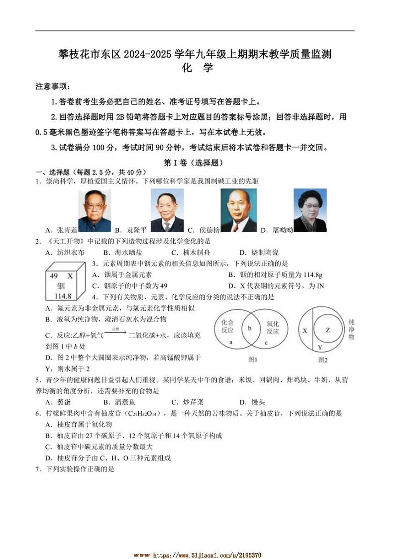 2024～2025学年四川省攀枝花市东区九年级上1月期末考试化学试卷(含答案)第1页