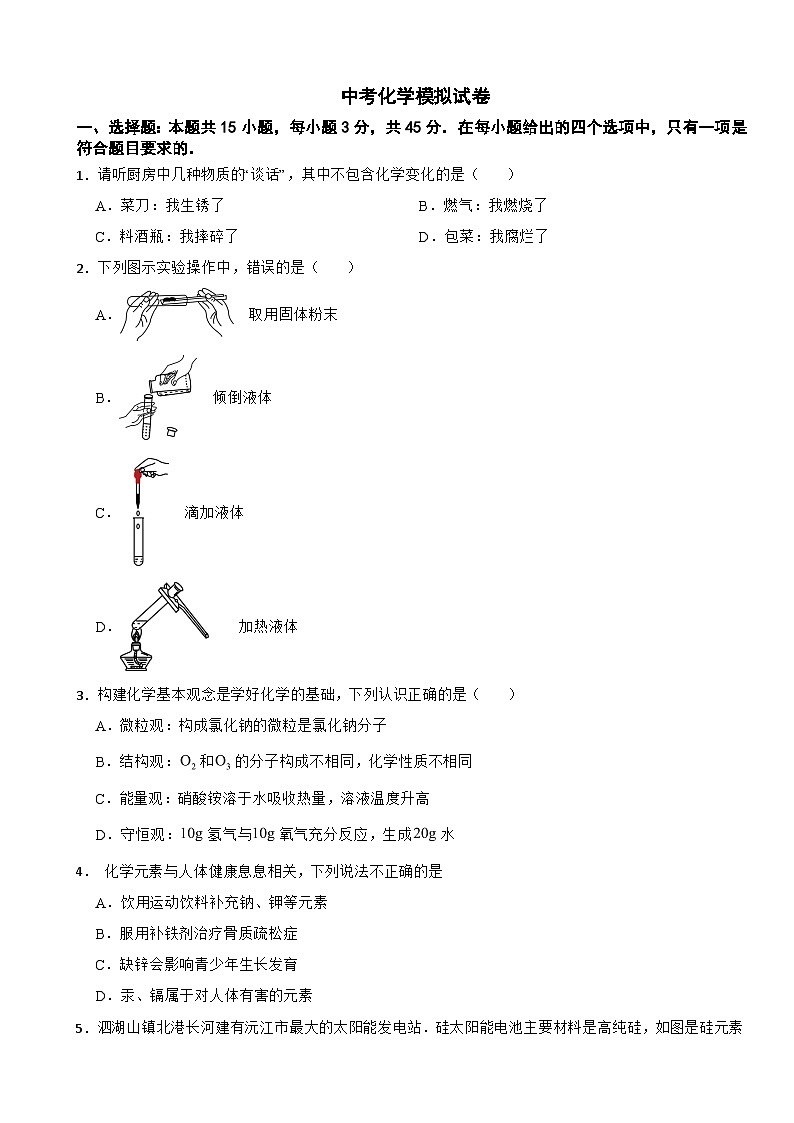 湖南省沅江市2025年中考化学模拟试卷含答案第1页