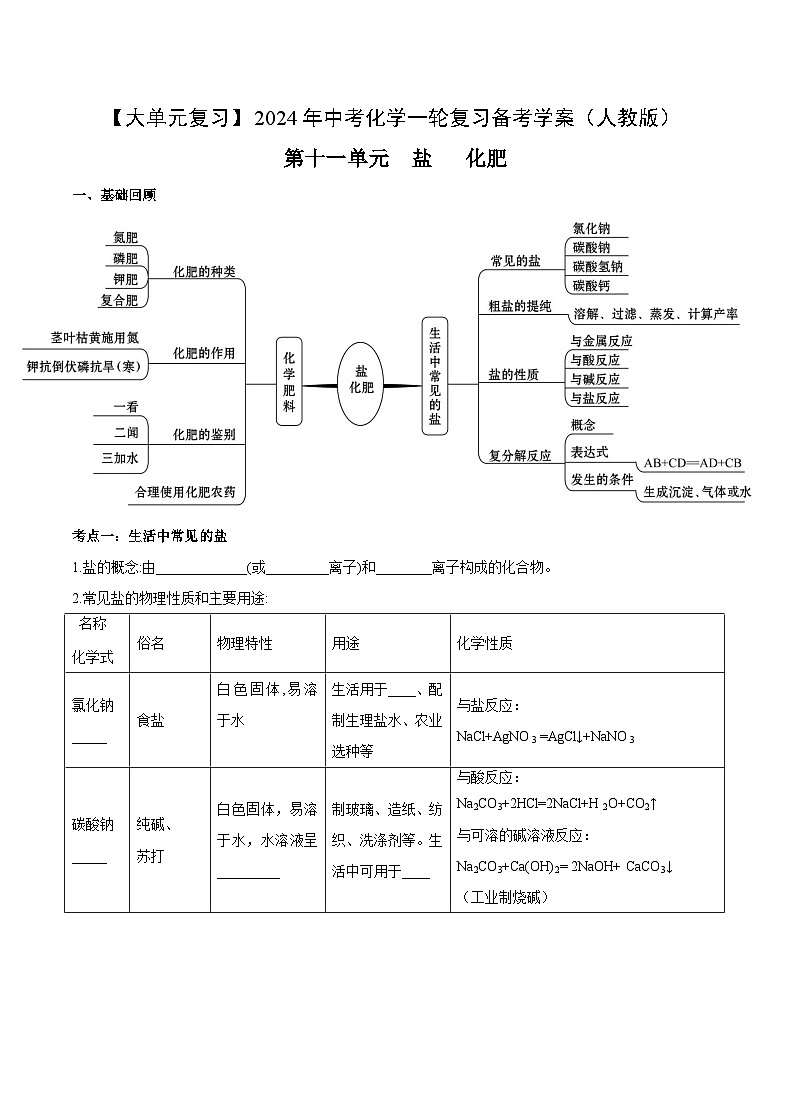 第十一单元 盐+化肥-【大单元复习】最新中考化学一轮复习备考学案（人教版）第1页