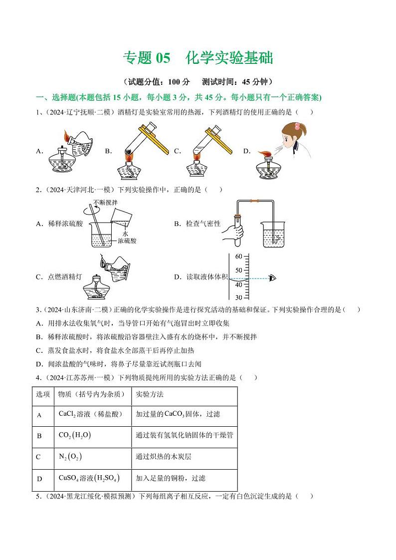 专题05 化学实验基础（测试）-2024年中考化学二轮复习讲练测（全国通用）（学生版）第1页