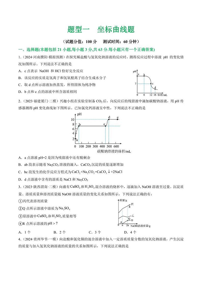 题型一 坐标曲线题（测试）-2024年中考化学二轮复习讲练测（全国通用）（学生版）第1页