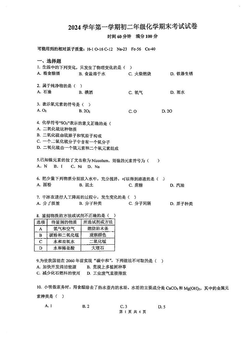 上海市华东政法大学附属中学2024-2025学年八年级上学期期末考试化学试卷第1页