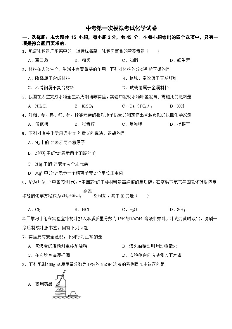 广东东莞市2025年中考第一次模拟考试化学试卷含答案第1页