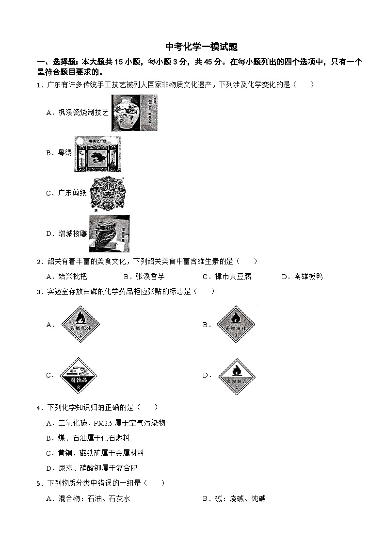 广东省韶关市2025年中考化学一模试题含答案第1页