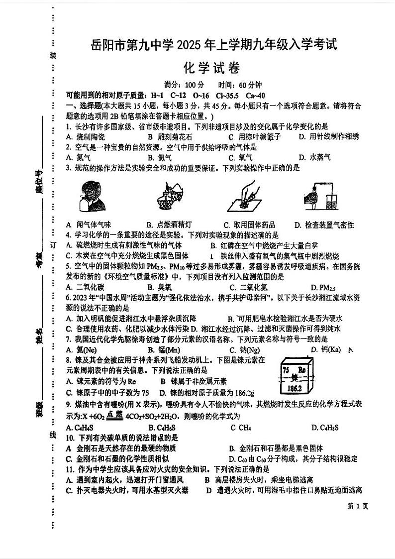湖南省岳阳市第九中学2025学年九年级下学期入学考试化学试-卷第1页