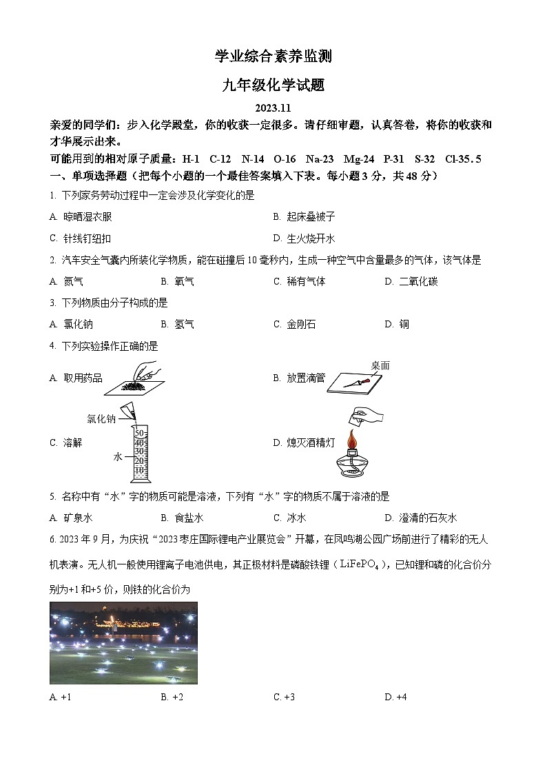 山东省枣庄市薛城区2023-2024学年九年级上学期化学期中试题（原卷版）第1页