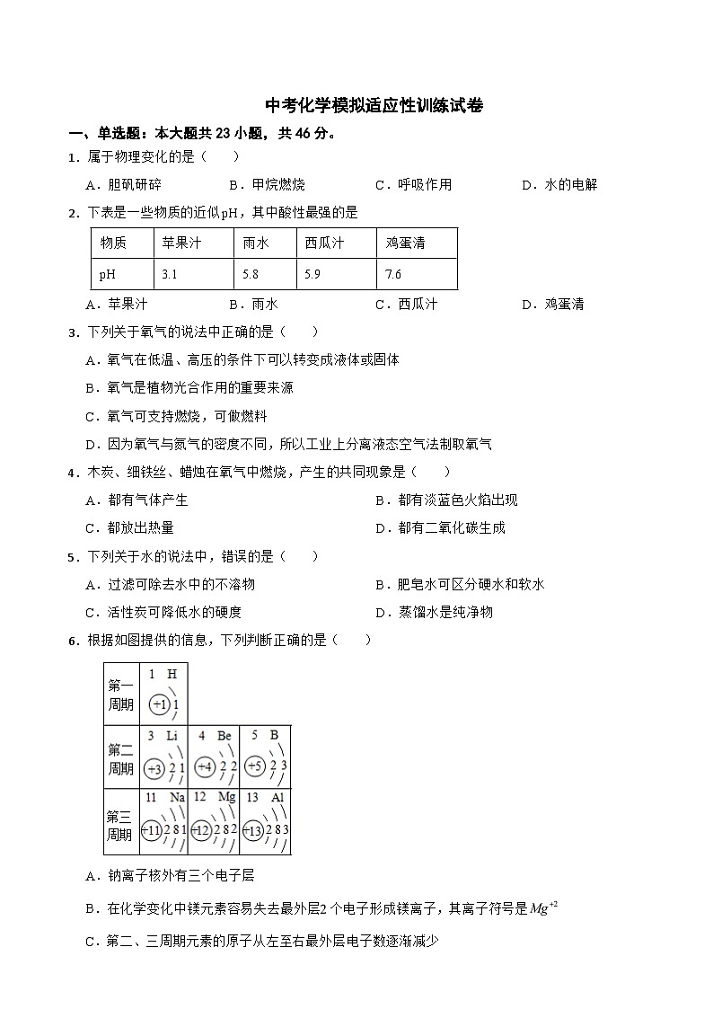 湖南省岳阳市2025年中考化学模拟适应性训练试卷附答案第1页