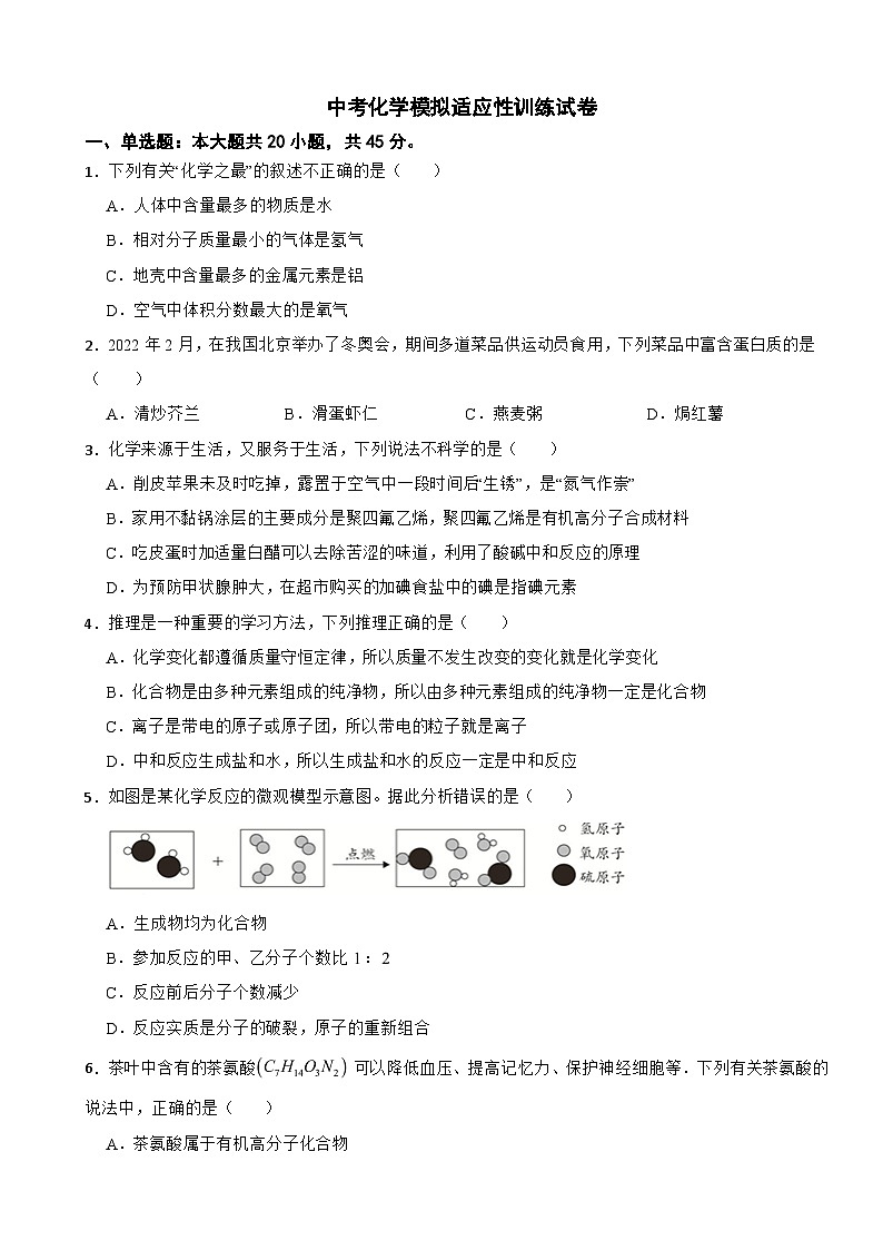 四川省自贡市2025年中考化学模拟适应性训练试卷附答案第1页