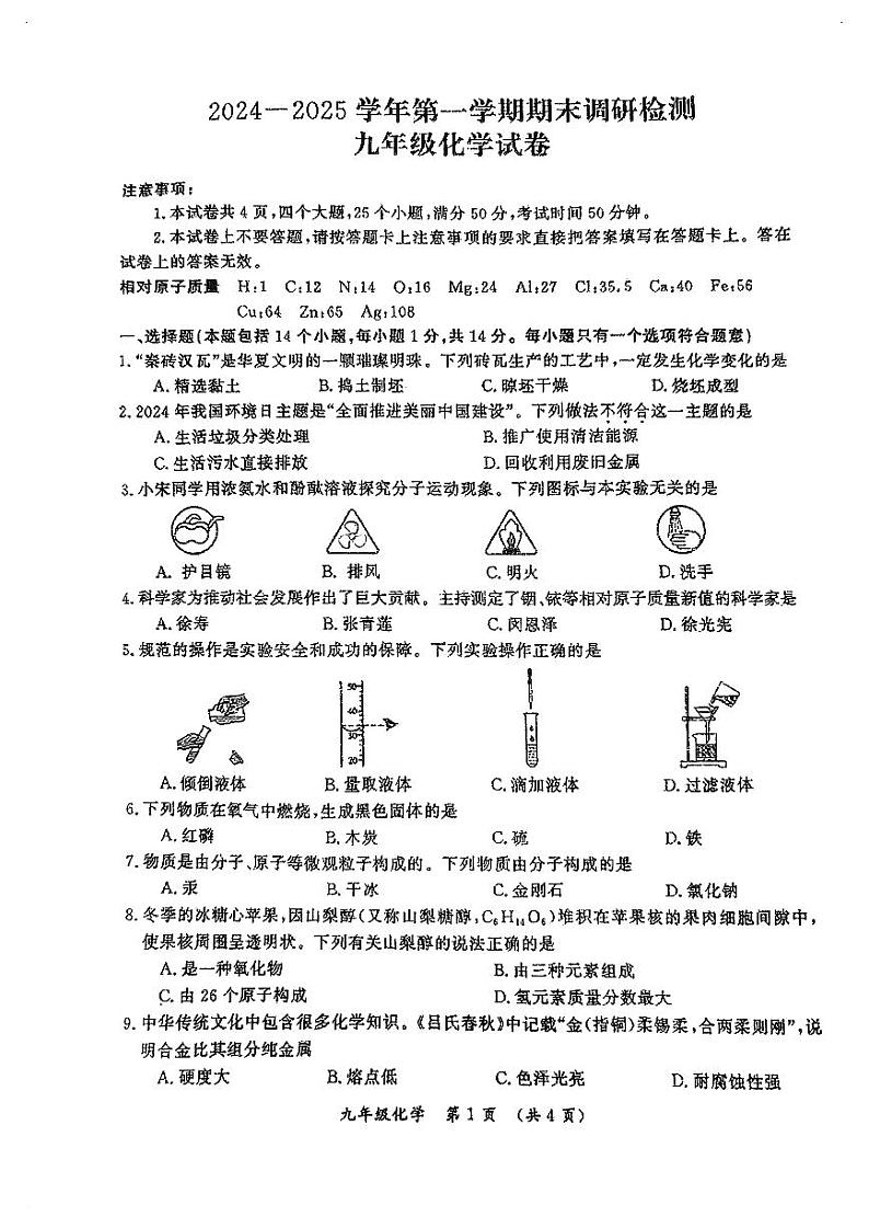 河南省驻马店市西平县第一初级中学2024-2025学年九年级下学期开学考试化学试题第1页