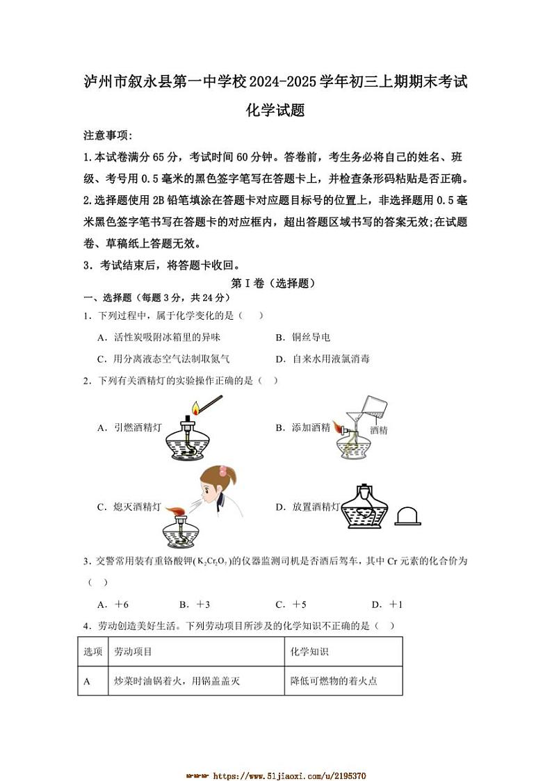 2024～2025学年四川省泸州市叙永县第一中学校九年级上1月期末考试化学试卷(含答案)第1页