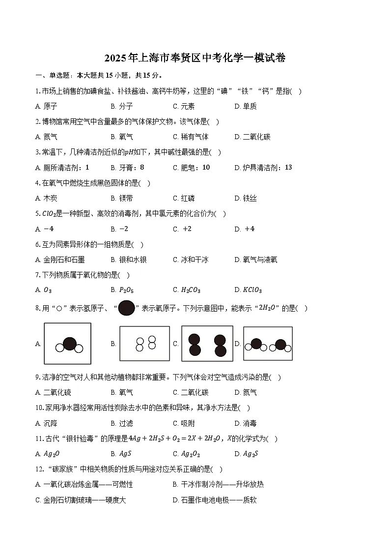 2025年上海市奉贤区中考化学一模试卷第1页