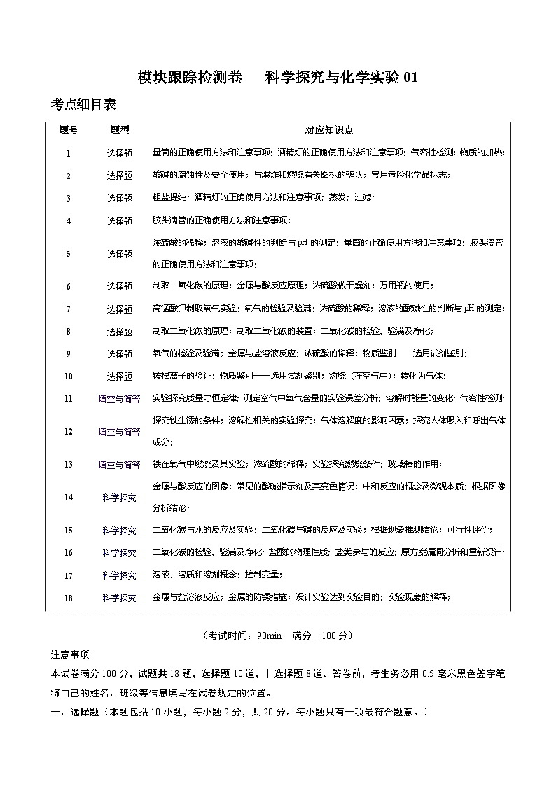 （人教版）中考化学一轮复习模块跟踪检测卷五 科学探究与化学实验01（解析版）第1页