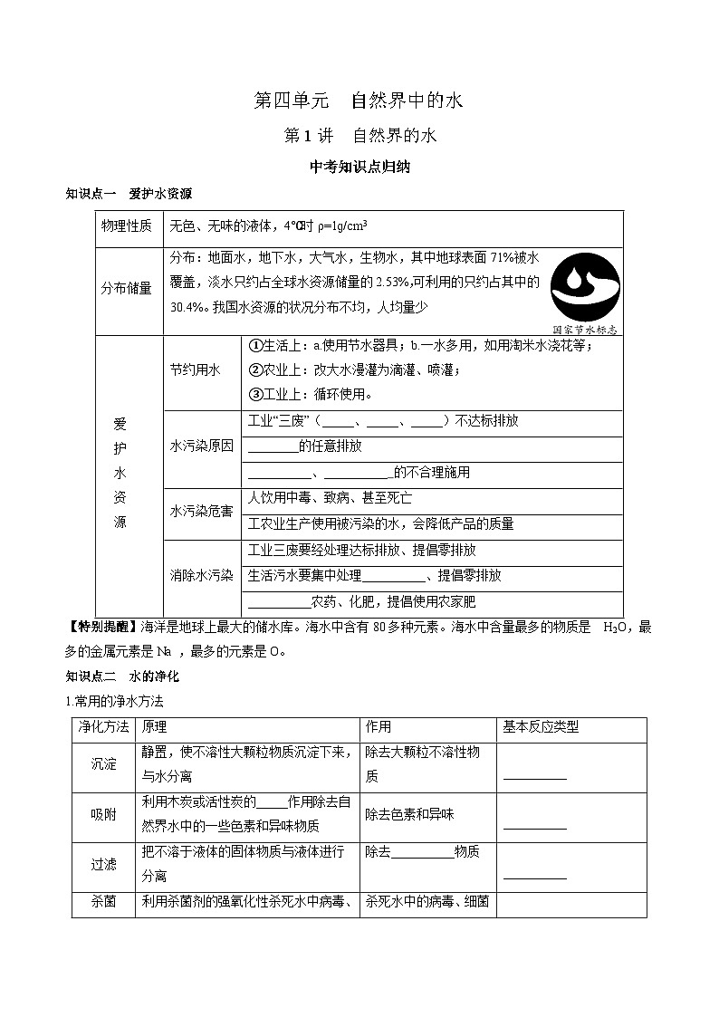 （人教版）中考化学一轮复习知识梳理与考法点拨练习第四单元 自然界的水 第1讲（学生版）第1页