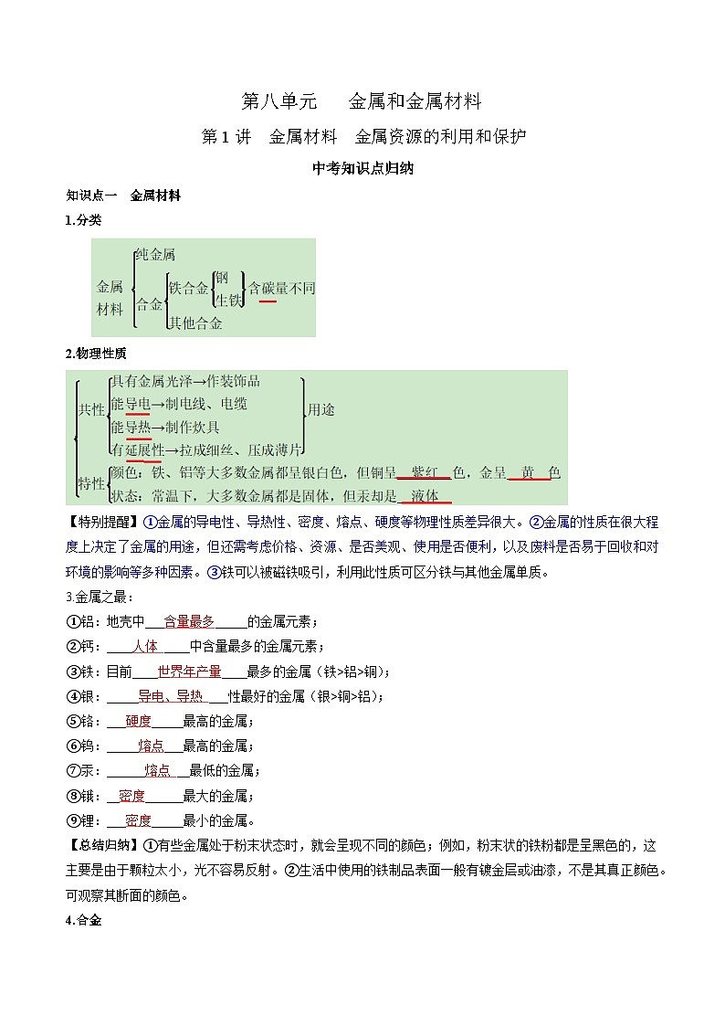 （人教版）中考化学一轮复习知识梳理与考法点拨练习第八单元 金属和金属材料 第1讲（教师版）第1页