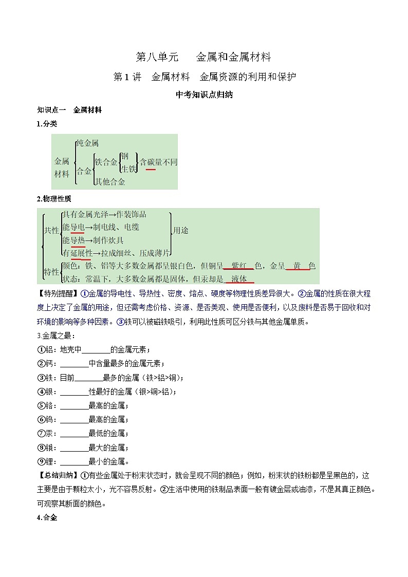 （人教版）中考化学一轮复习知识梳理与考法点拨练习第八单元 金属和金属材料 第1讲（学生版）第1页