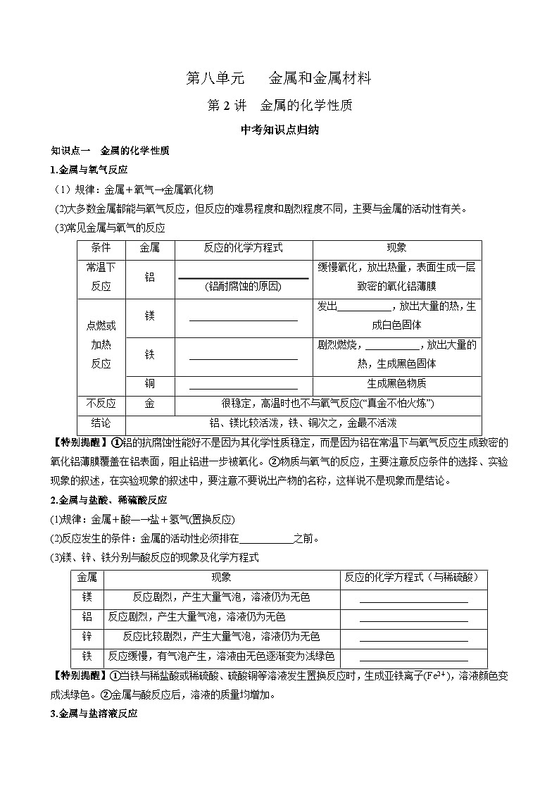 （人教版）中考化学一轮复习知识梳理与考法点拨练习第八单元 金属和金属材料 第2讲（学生版）第1页