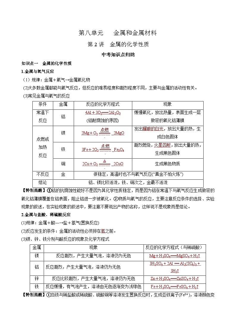 （人教版）中考化学一轮复习知识梳理与考法点拨练习第八单元 金属和金属材料 第2讲（教师版）第1页