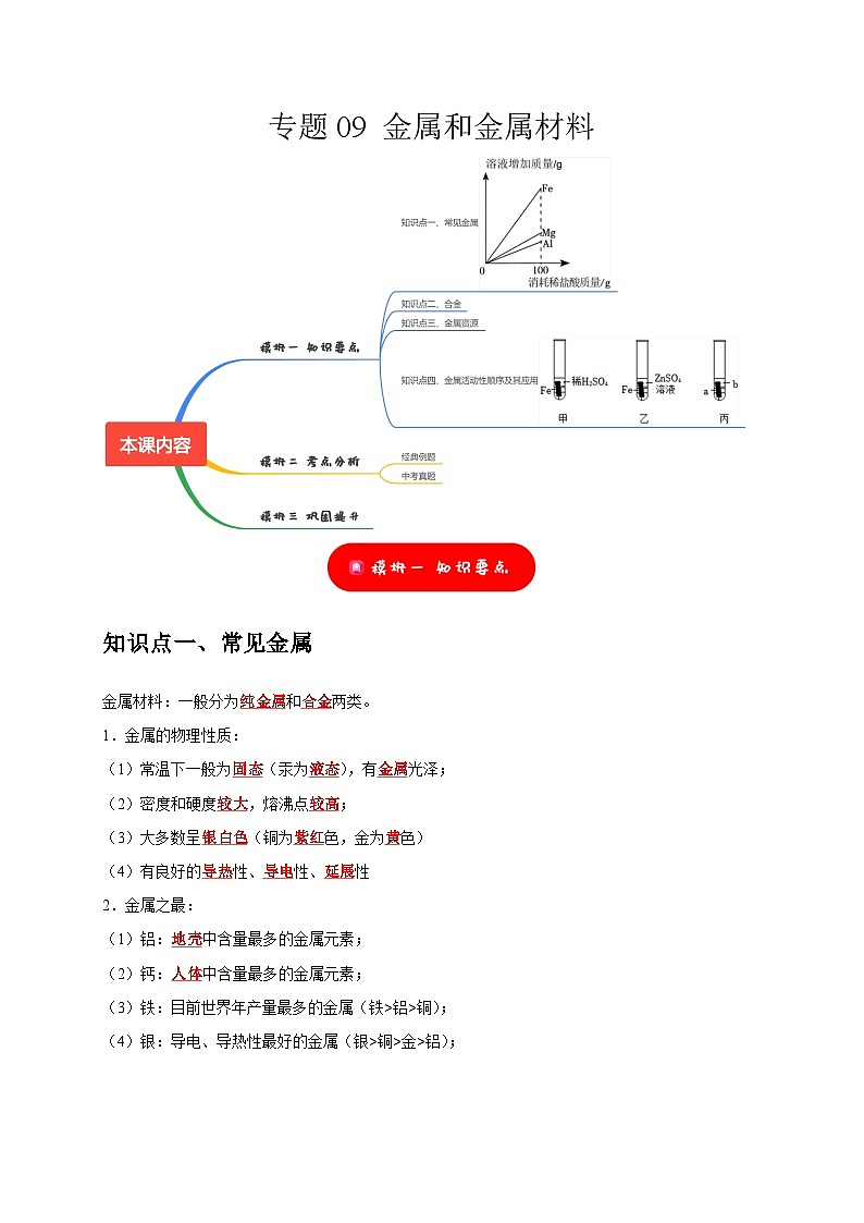 中考化学一轮复习考点过关练习专题09 金属和金属材料（解析版）第1页