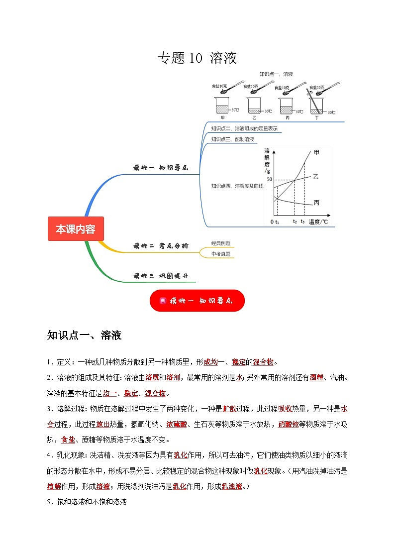 中考化学一轮复习考点过关练习专题10 溶液（解析版）第1页