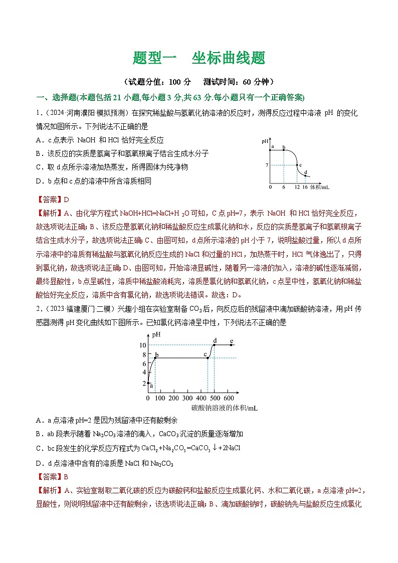 中考化学二轮复习讲练测题型一 坐标曲线题（测试）（解析版）第1页