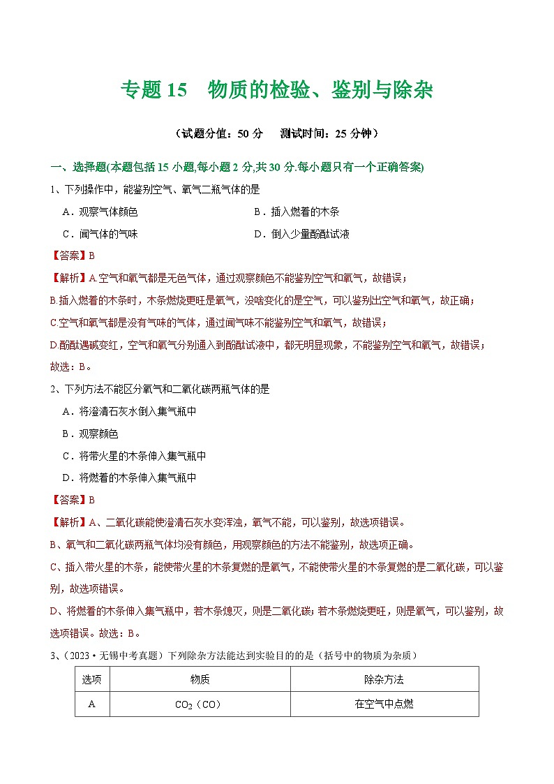 中考化学一轮复习专题15 物质的检验、鉴别与除杂（测试）（解析版）第1页