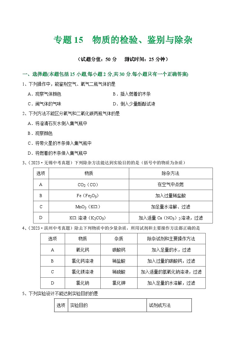中考化学一轮复习专题15 物质的检验、鉴别与除杂（测试）（原卷版）第1页